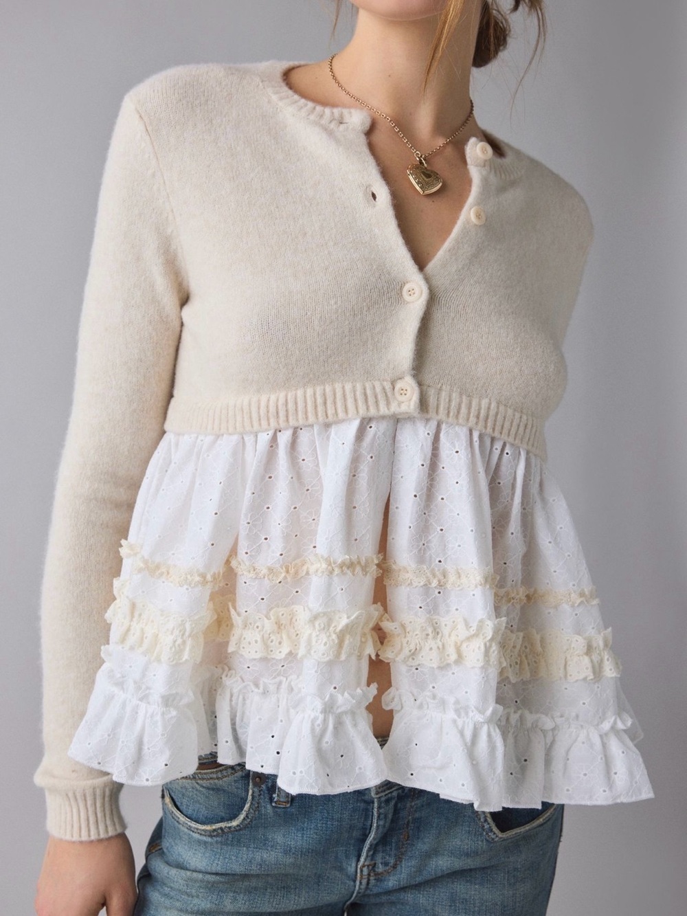 NWOT Urban Outfitters Kimchi Blue Monical Mixed Media Ruffle
Peplum Cardigan